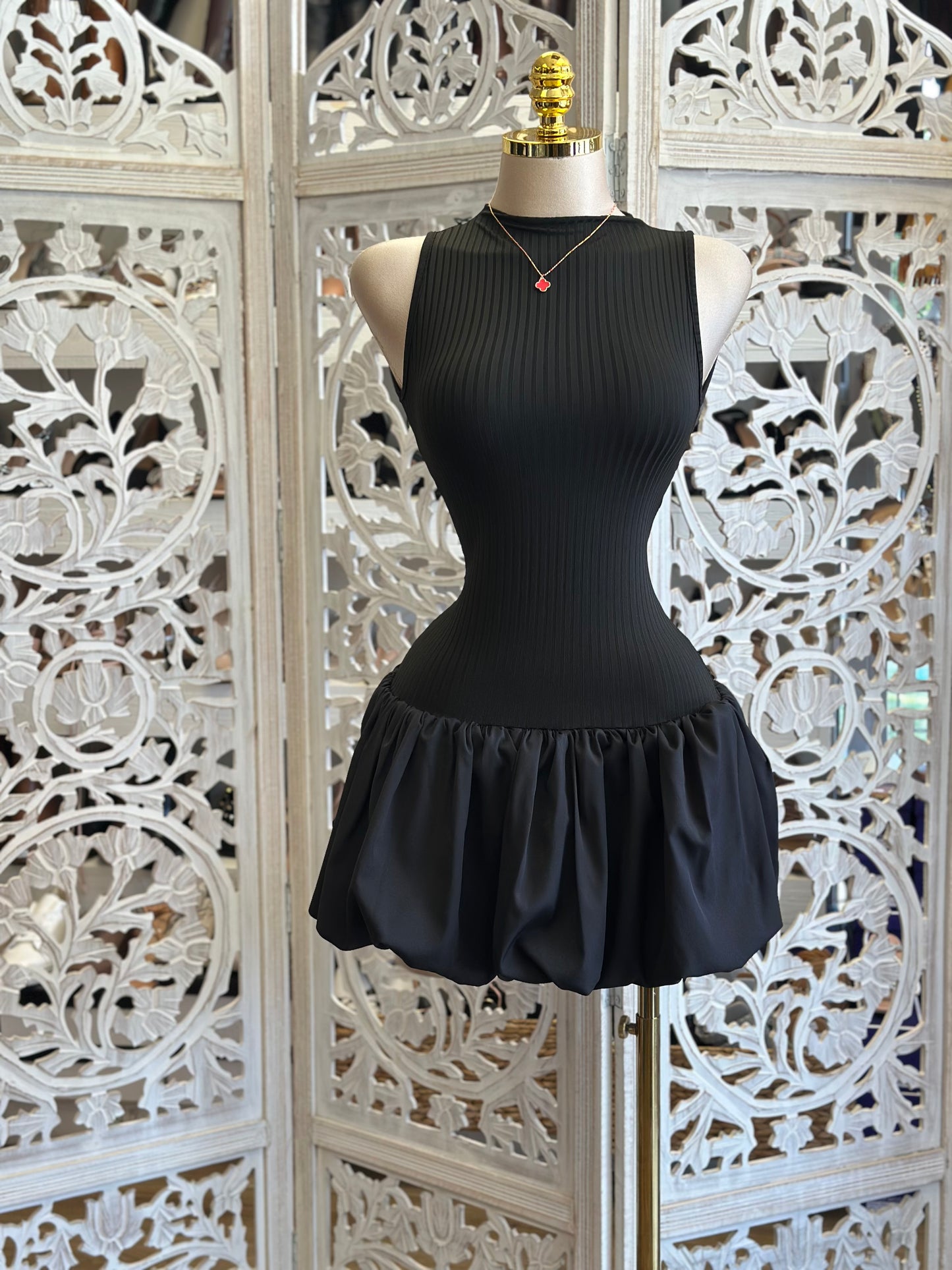 Black Bubble Mini Dress- Stretchy , Estira