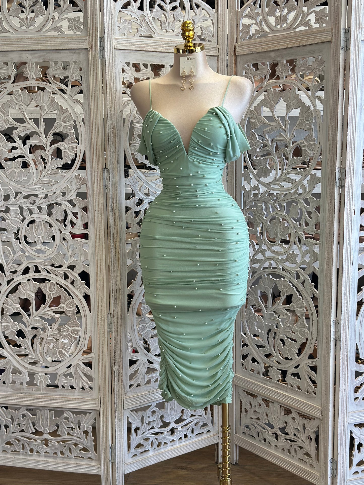 Green Heartline Pearl Embellished Ruched Dress- Stretchy,Estira