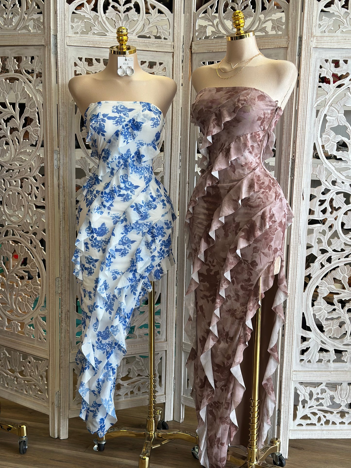 Strapless Ruffle Midi Dress- Stretchy,Estira