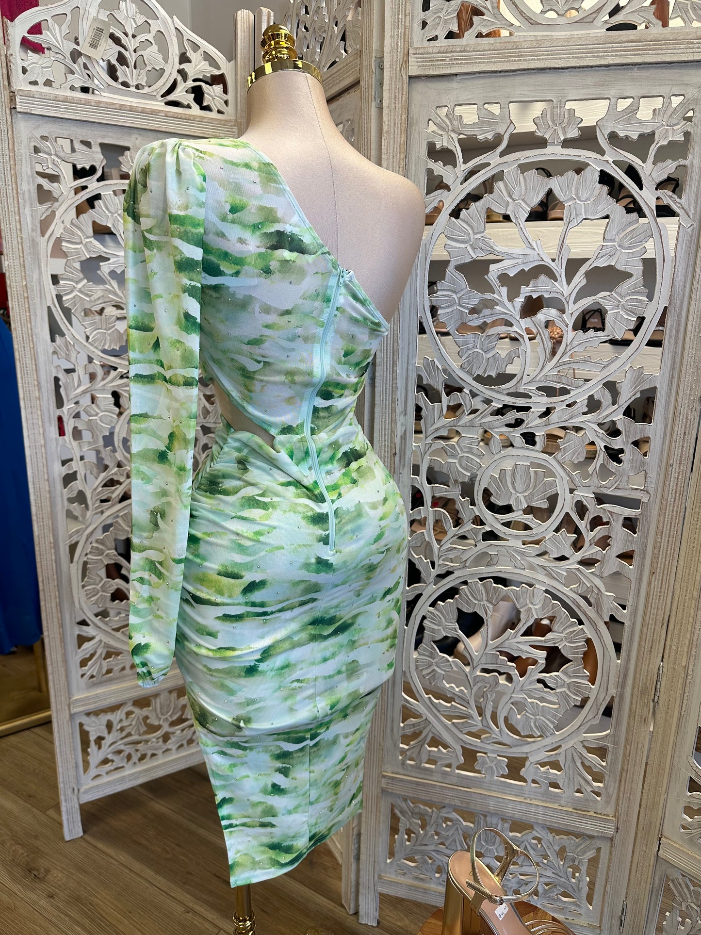 Green Patterned One Sleve Dress - Estira, Stretchy