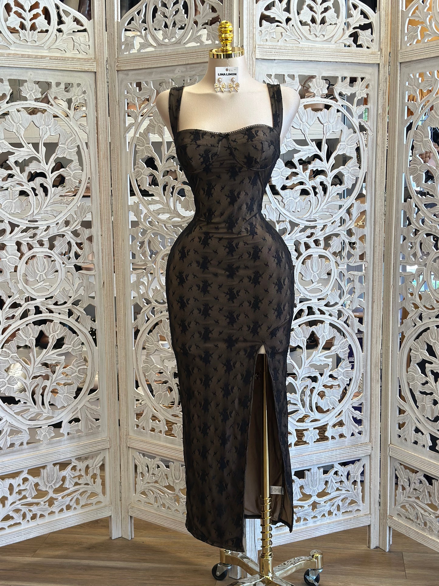 Nude and Black Lace Bodycon Midi Dress- Stretchy ,