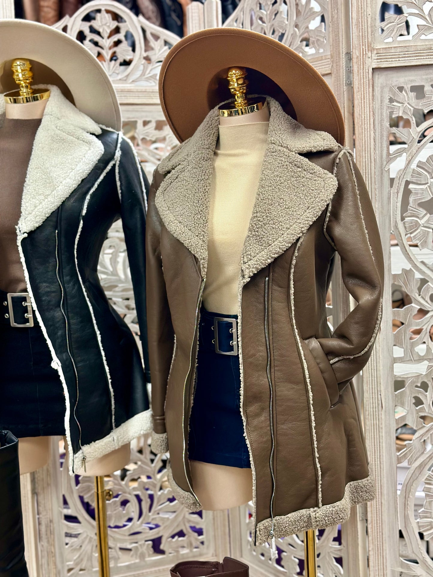 Faux Leather Sherpa Lined Midi Coat