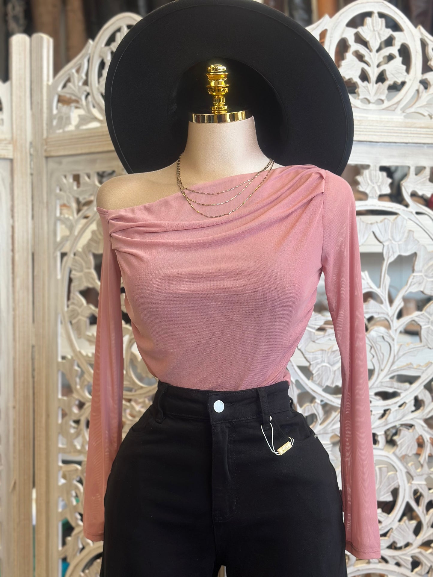 Pink Asymmetrical Long Sleeve Blouse- Estira, Stretchy