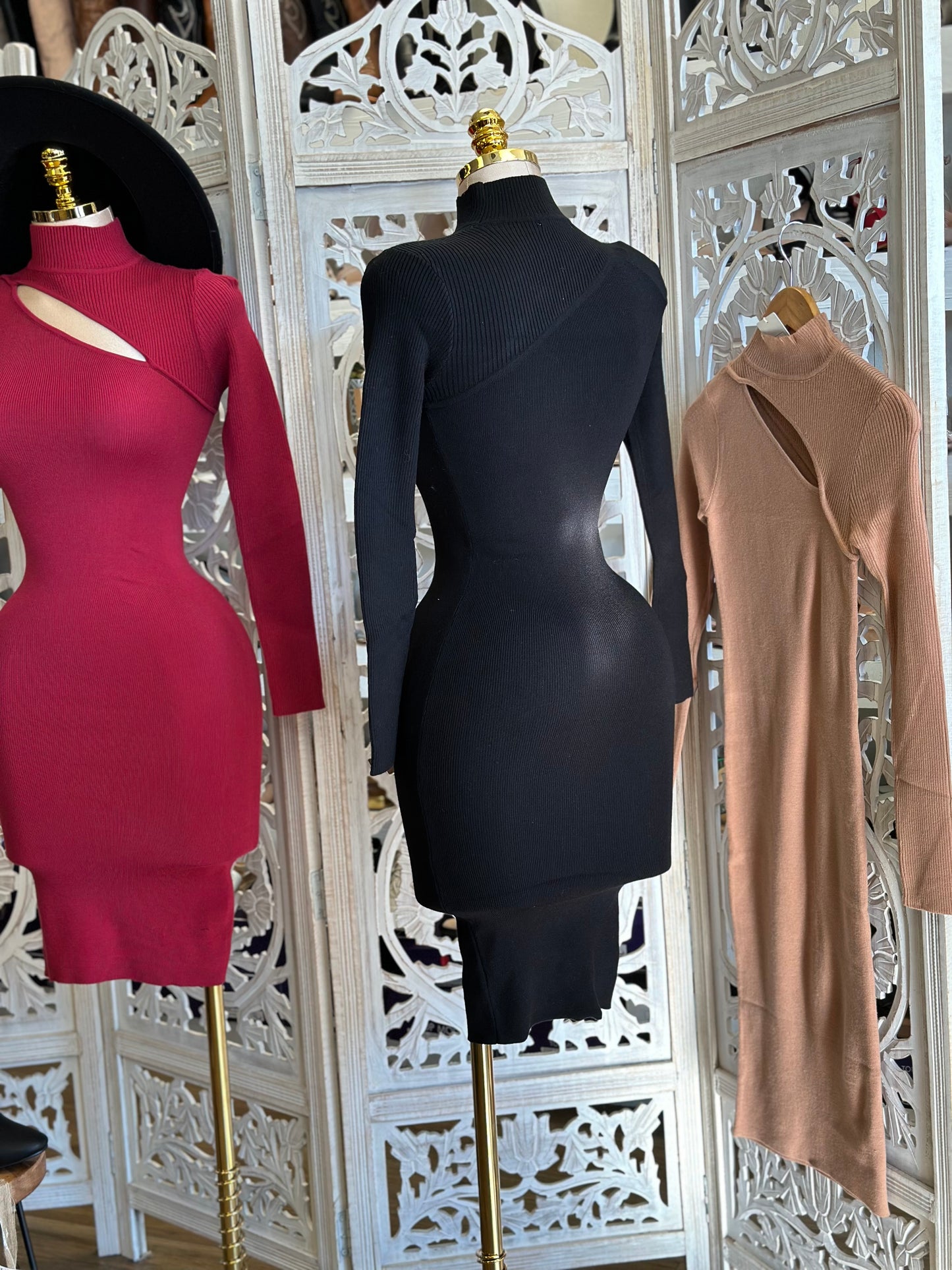 Ribbed Cutout Fitted Sweater Dress- Stretchy,Estira
