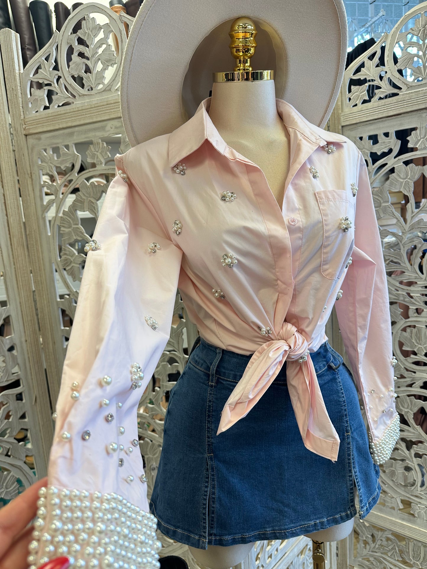 Light Pink Pearl Button Up Blouse- Estira, Stretchy