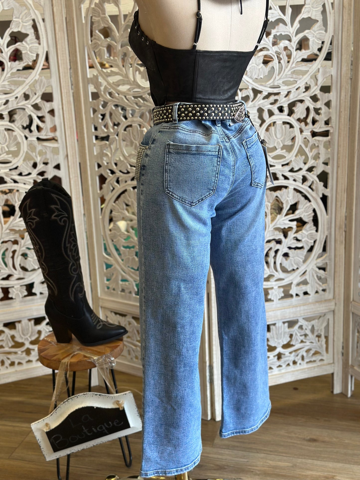 Rhinestone Fringe Denim Wide Jeans - Stretchy, Estira
