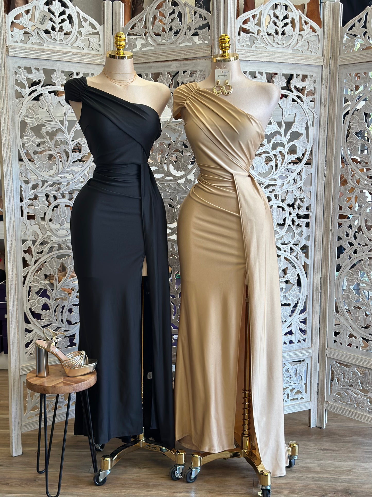 One Sleeve Draped Formal Dress- Stretchy,Estira