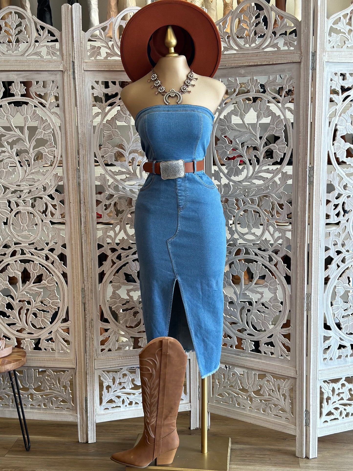 Denim Strapless Slit Dress- Slightly Stretchy