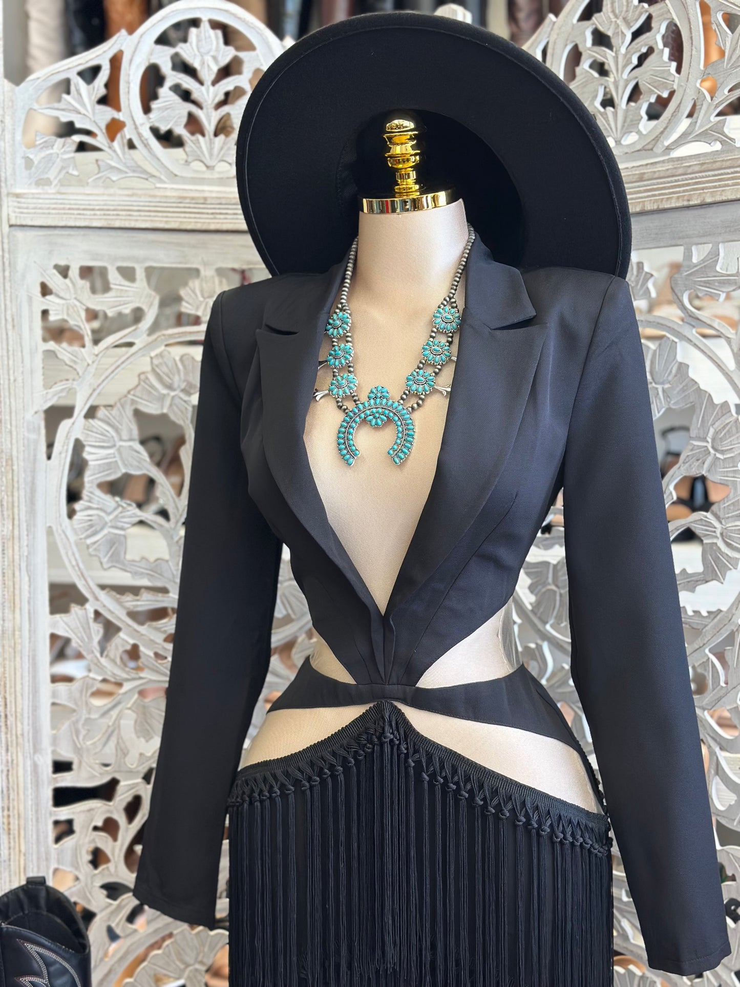 Fringe Hip Cutout Black Dress-No Estira, Not Stretchy