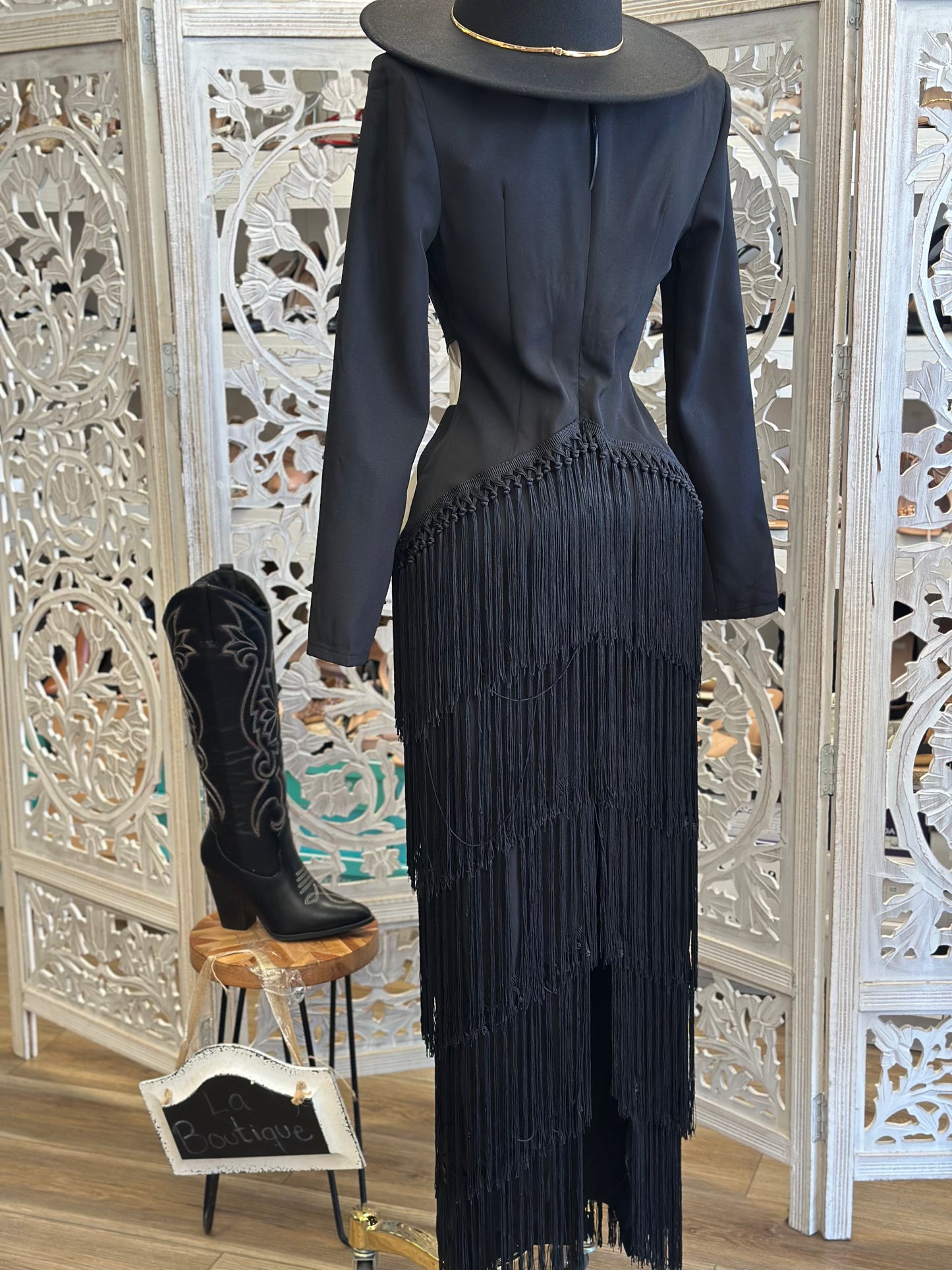 Fringe Hip Cutout Black Dress-No Estira, Not Stretchy