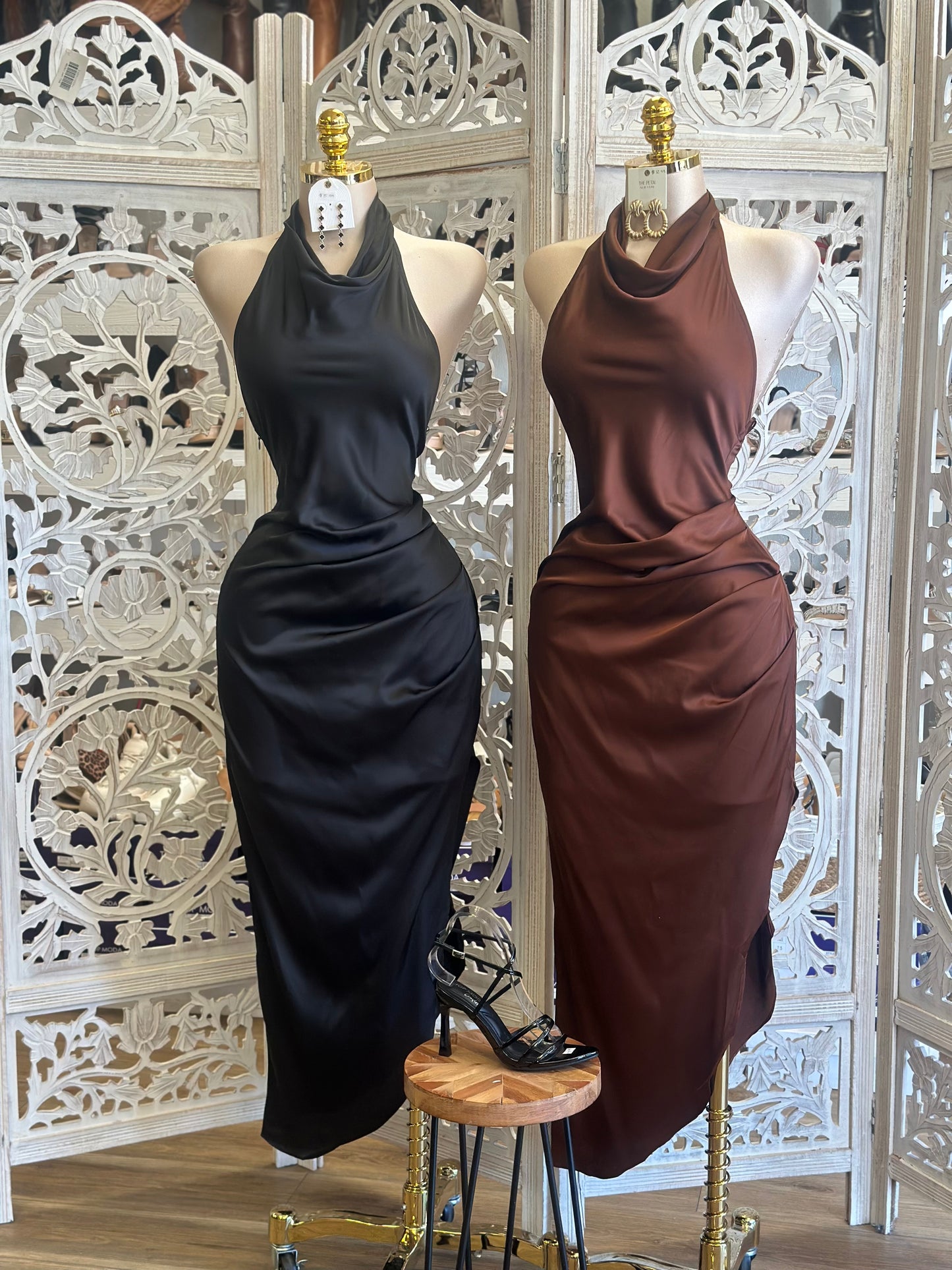 High Cowl Neck Satin Midi Dress- Stretchy