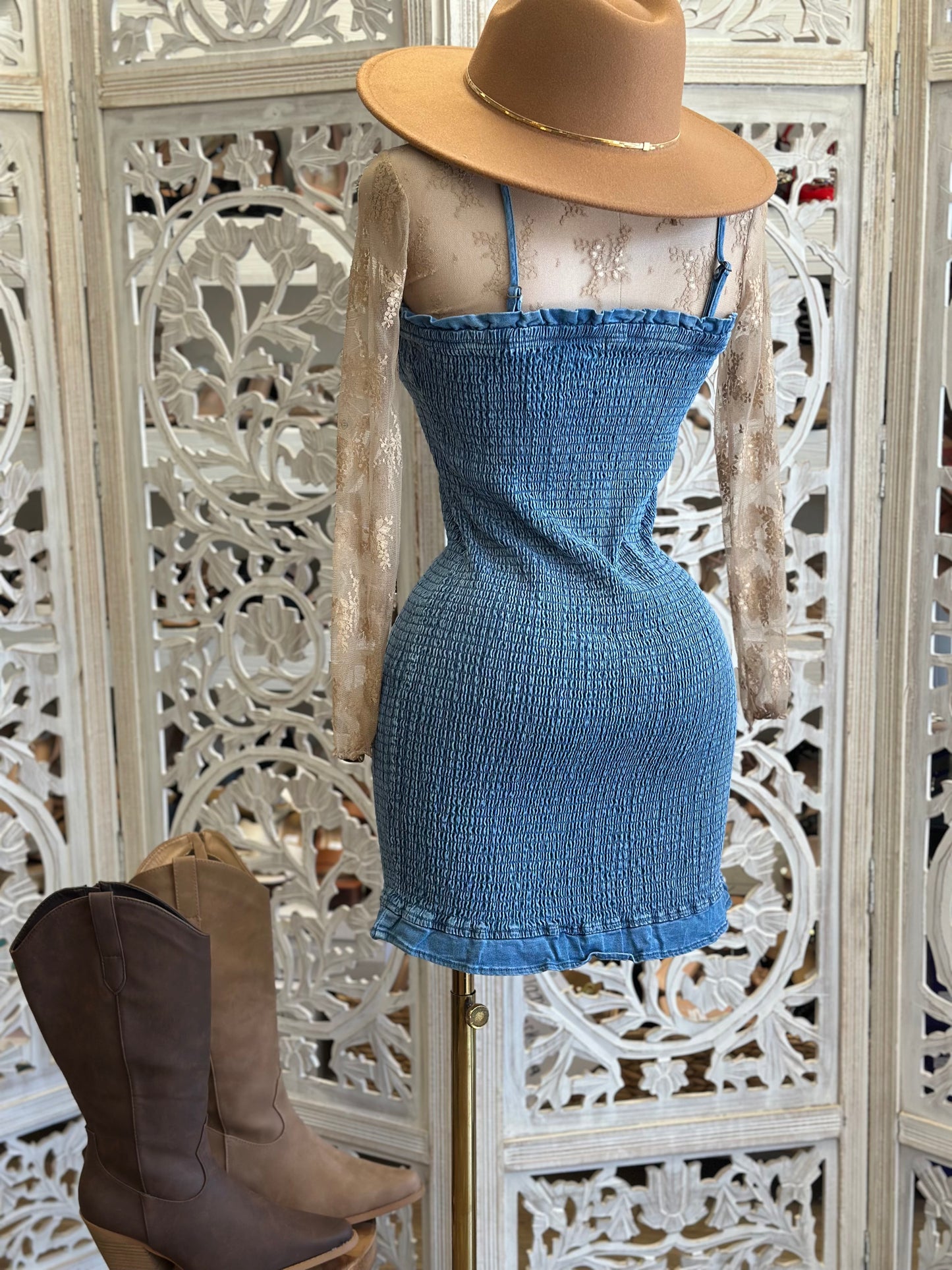 Scrunched Denim Mini Dress - Estira , Stretchy