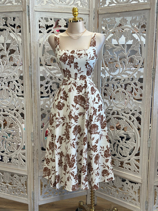 Square Neck Brown Floral Dress-Estira, Stretchy