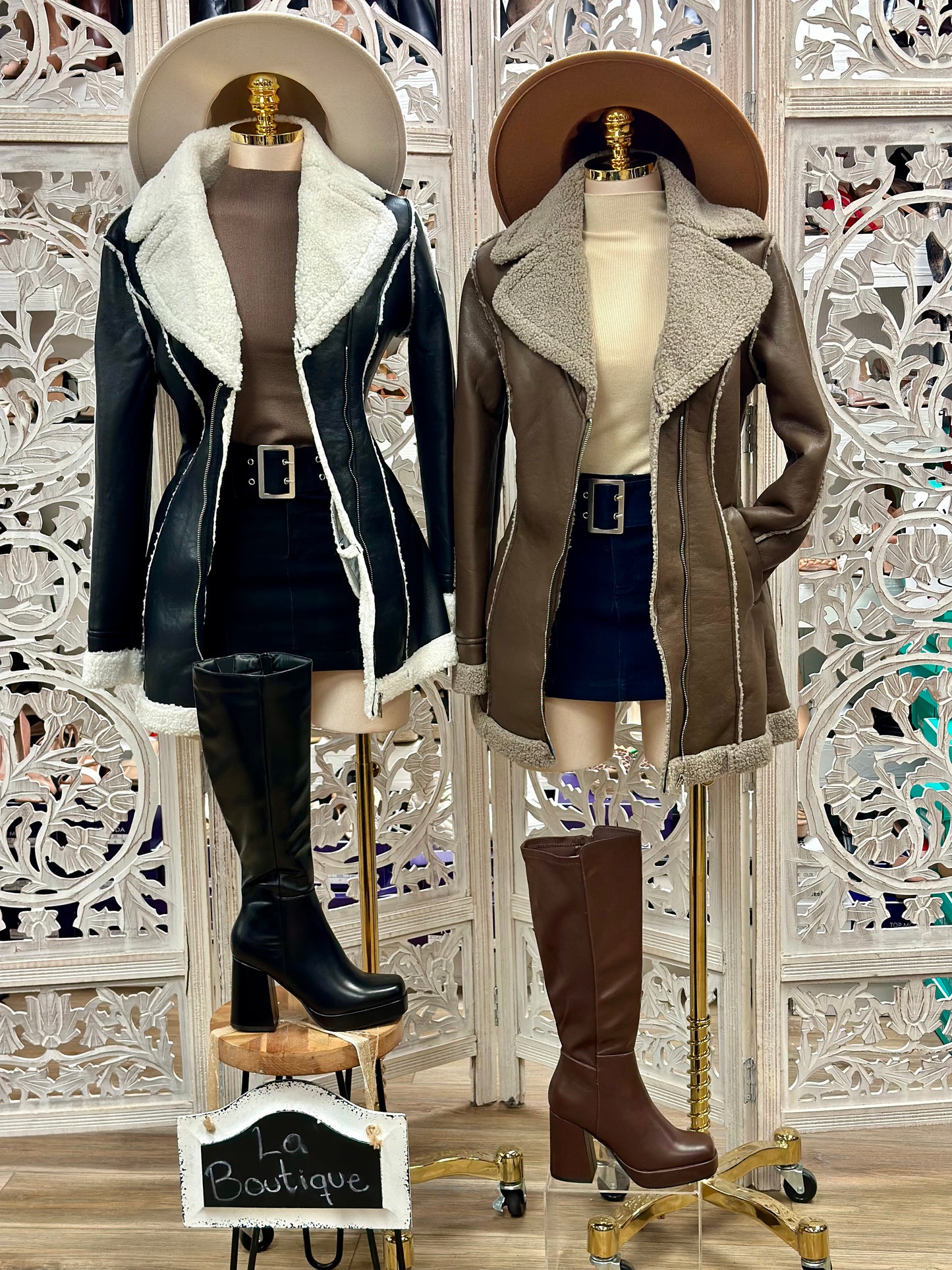 Faux Leather Sherpa Lined Midi Coat