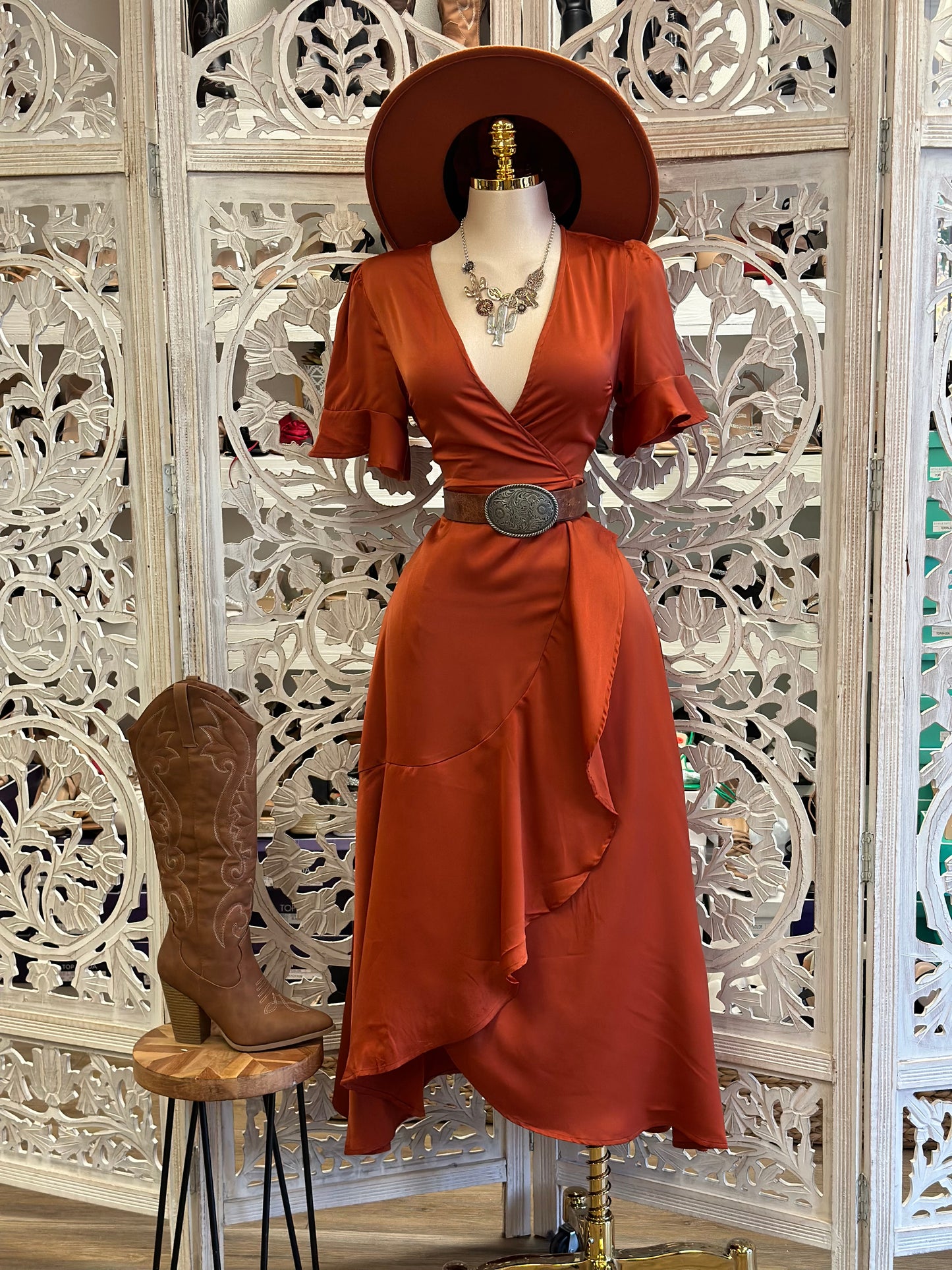 Deep Rust Wrapped Midi Satin Dress- Not Stretchy, No Estira