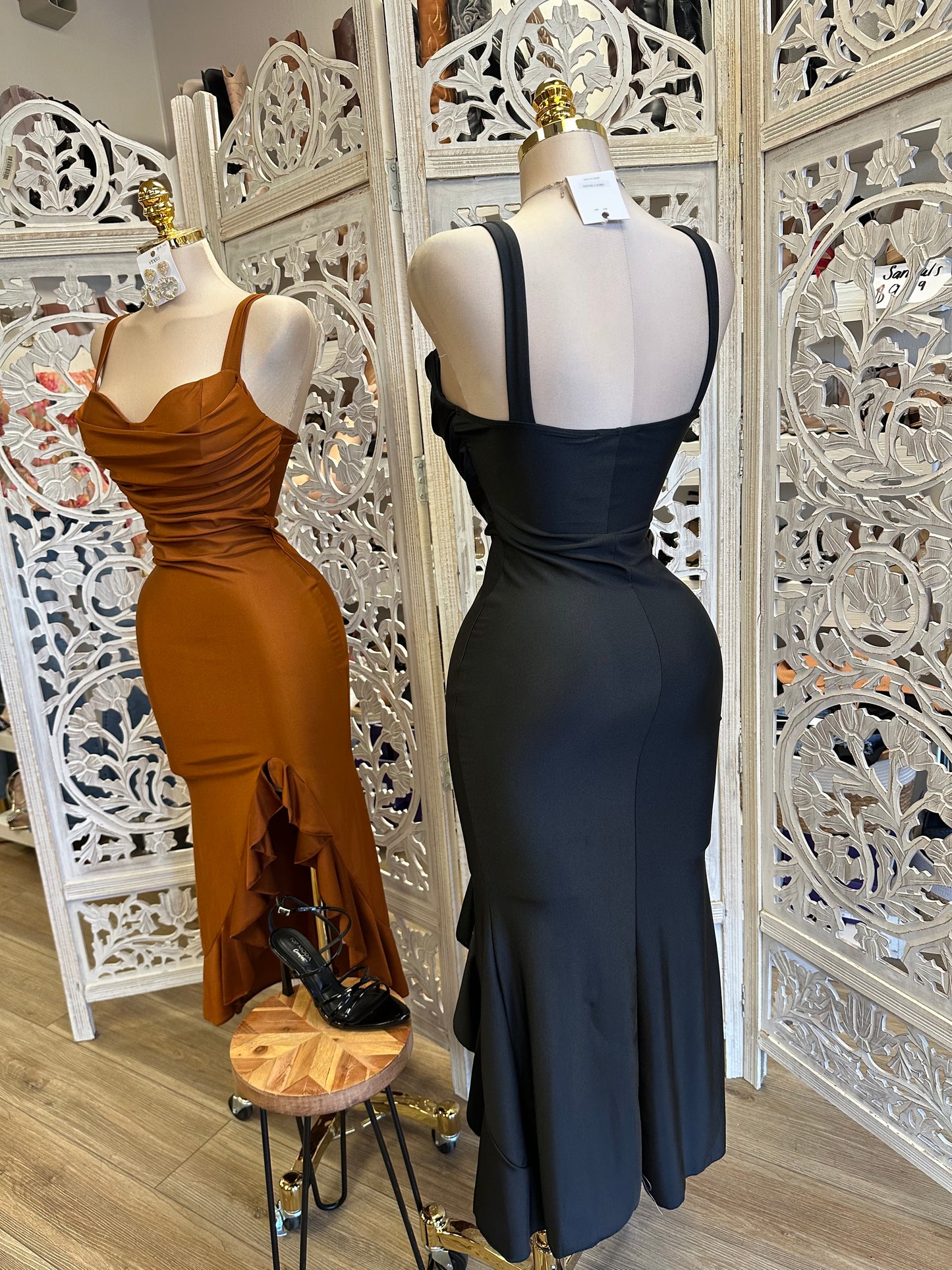 Thick Strap Heart Line Ruffle Dress - Estira, Stretchy