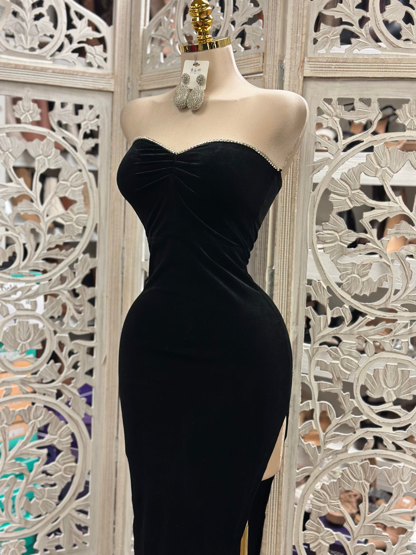 Black Velvet Rhinestone Lined Formal Dress- Stretchy,Estira