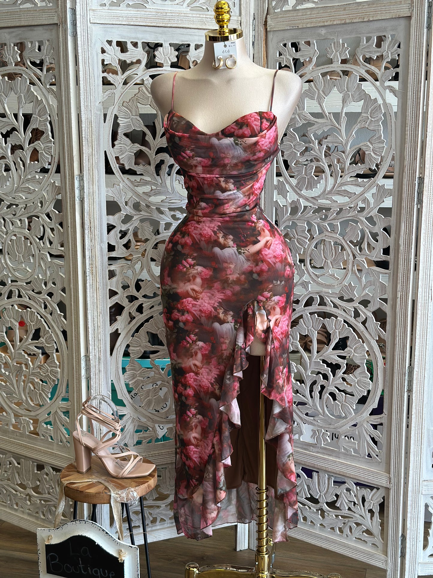 Cowl Neck Angel Pattern Midi Dress- Stretchy,Estira