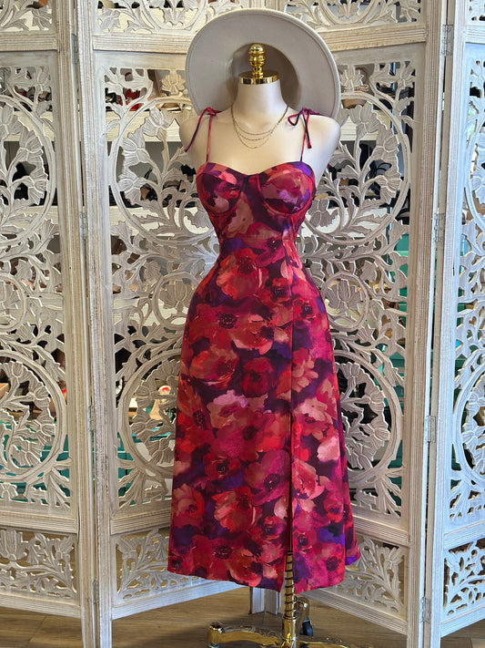 Floral Deep Color Midi Dress-No Estira, Not Stretchy