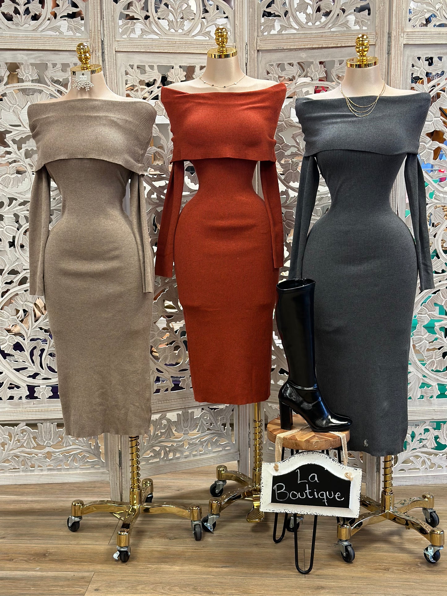 Off Shoulder Sweater Dress- Stretchy,Estira