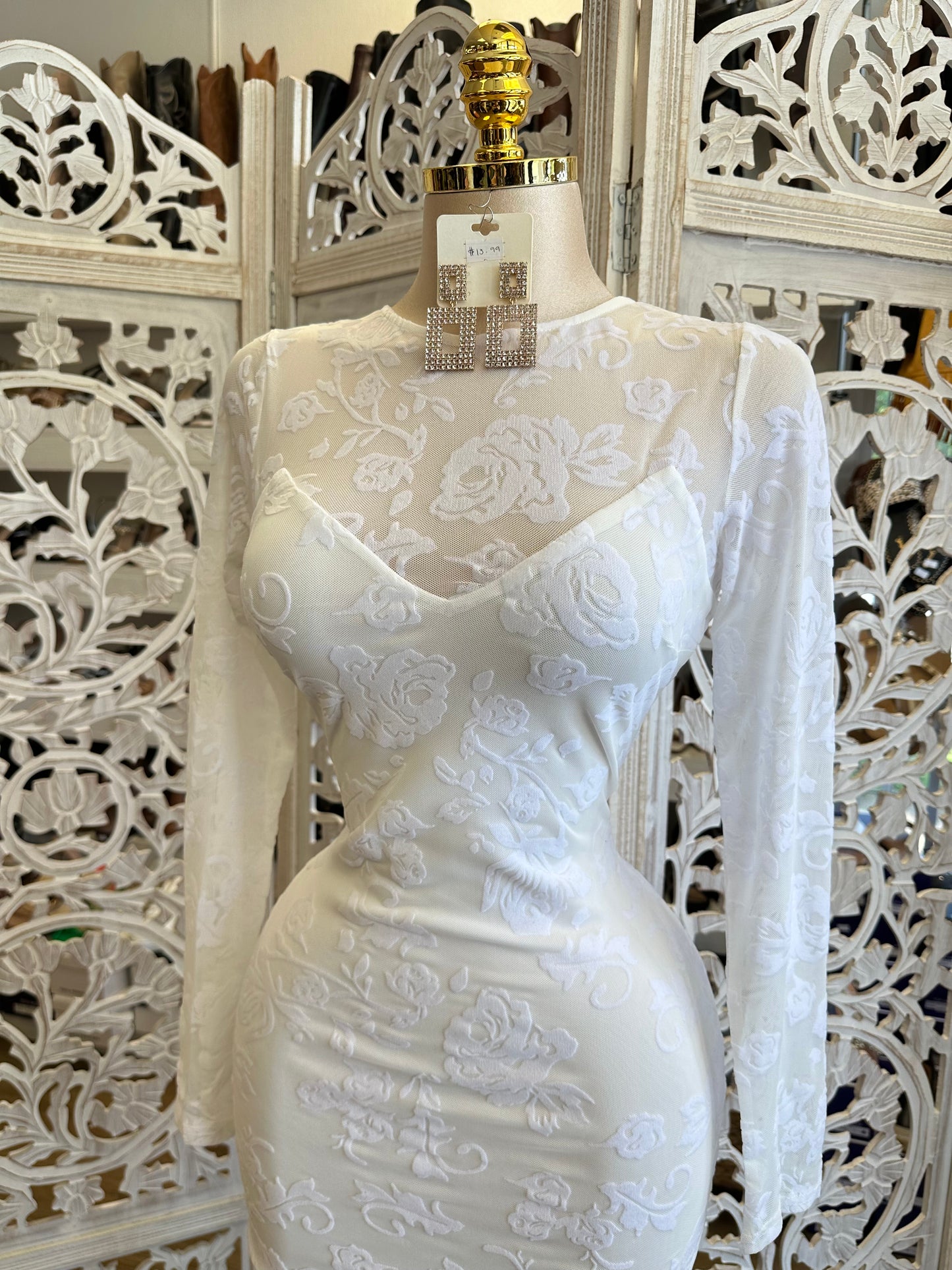 White Mesh Velvet Floral Dress- Stretchy , Estira