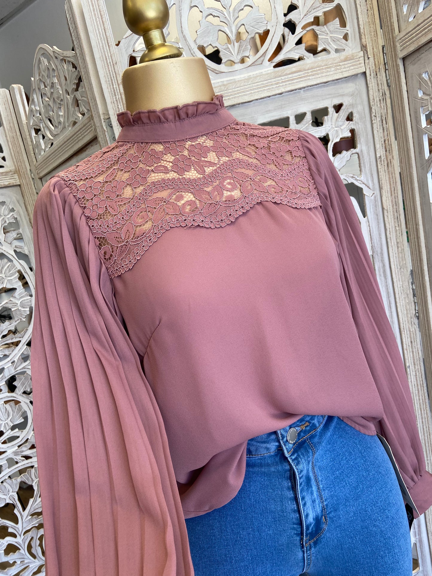 Mauve High Neck Lace Blouse