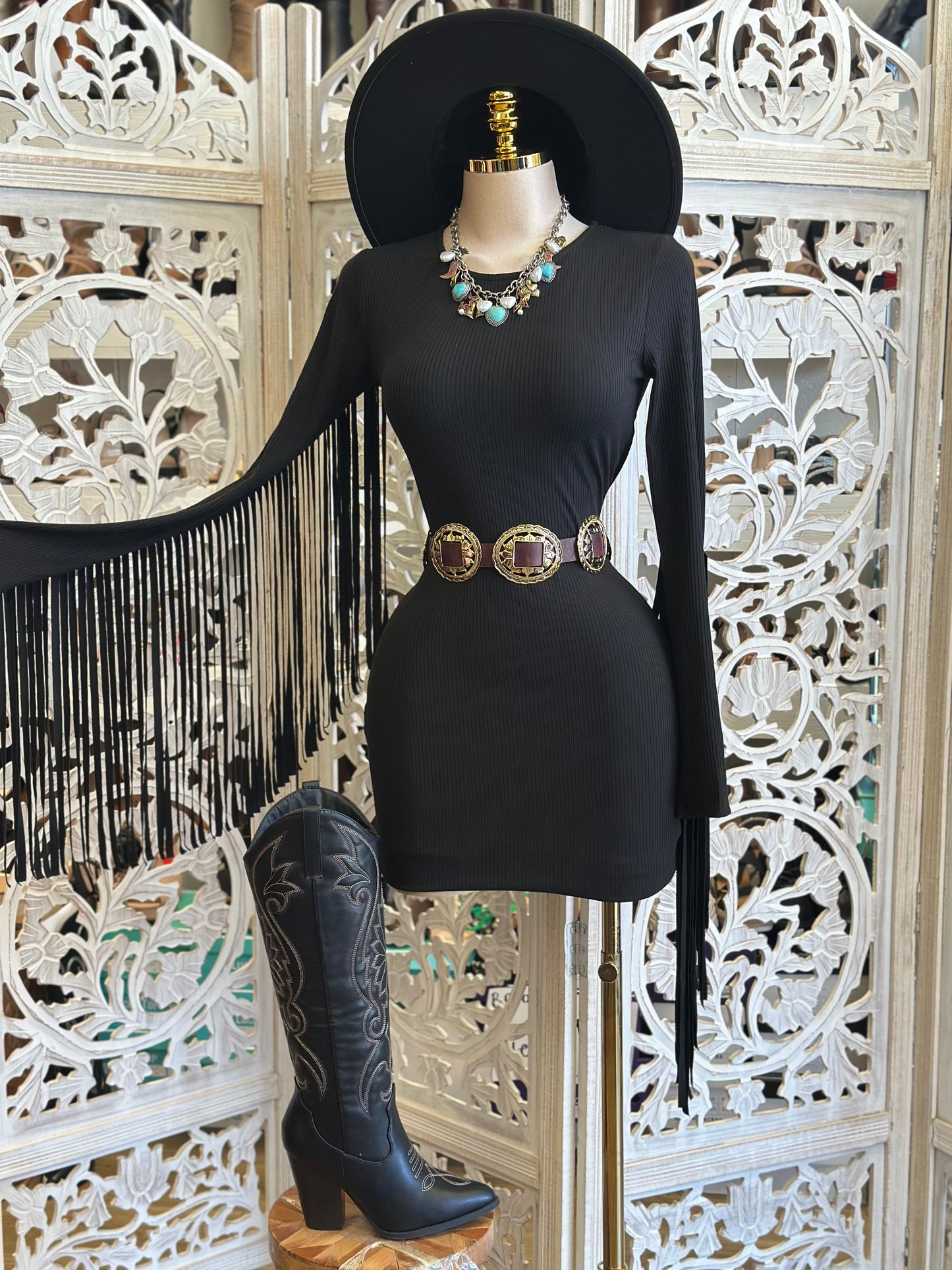Black Fringe Sleeve Mini Dress -Estira, Stretchy