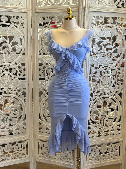 Pastel Blue Ruched Midi Dress-Estira, Stretchy