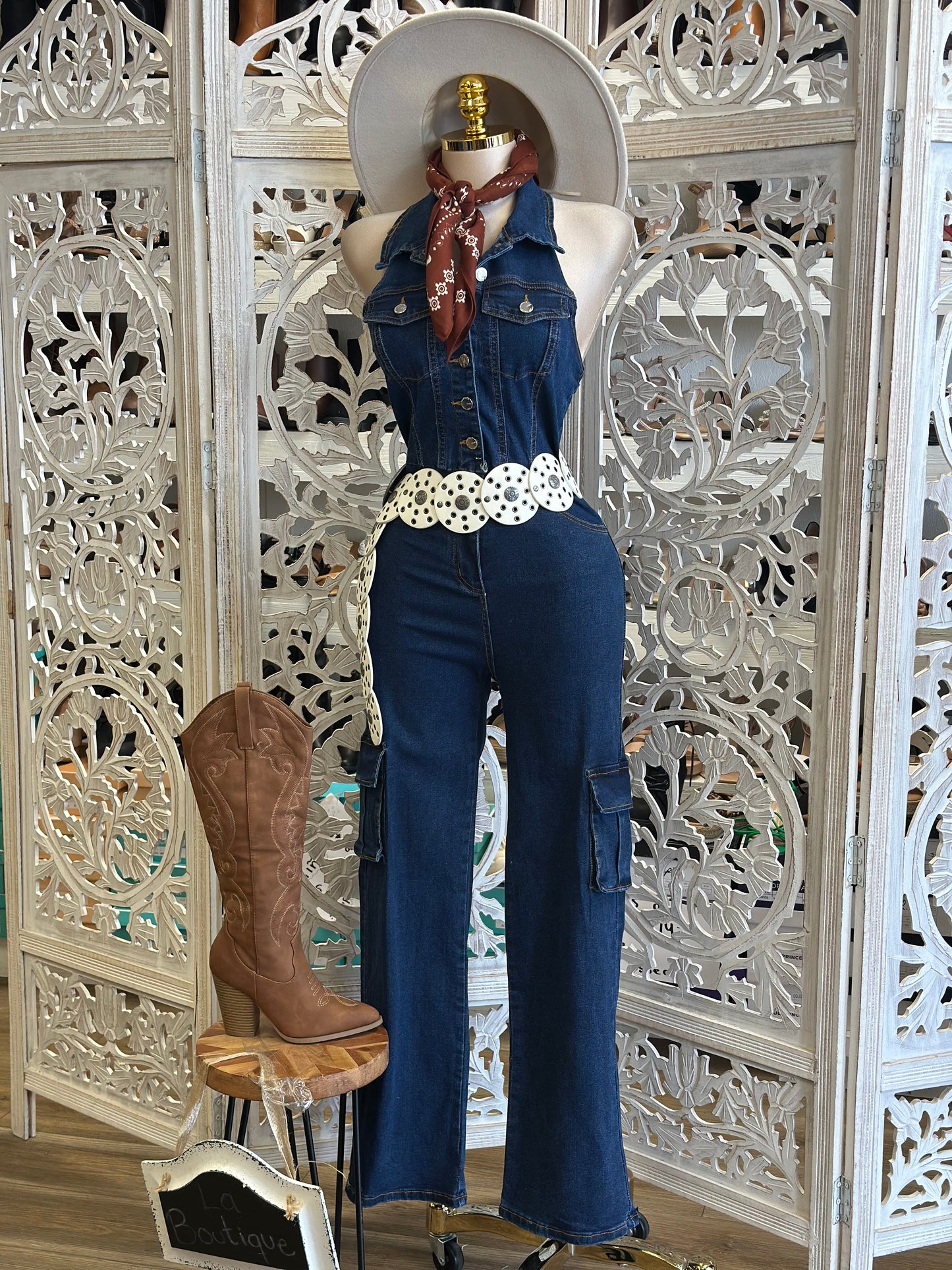 Denim Collard Sleeveless Jumpsuit - Stretchy,Estira