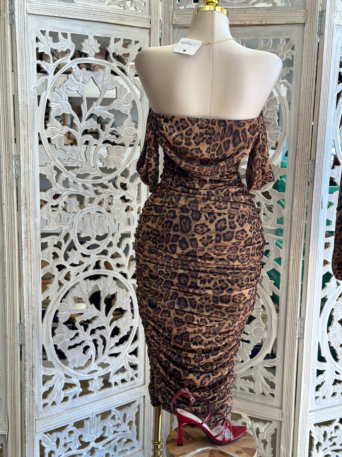 Off Shoulder Ruched Cheetah Midi Dress- Stretchy, Estira