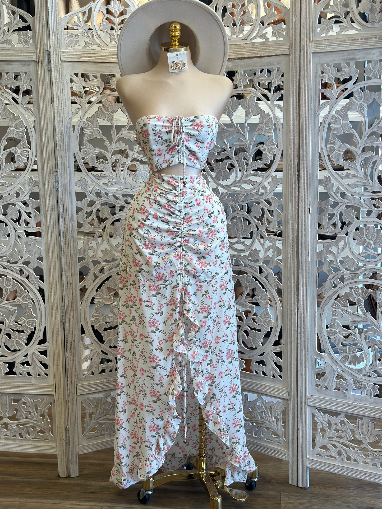 Strapless Ruched Floral Set - No Estira, Not Stretchy