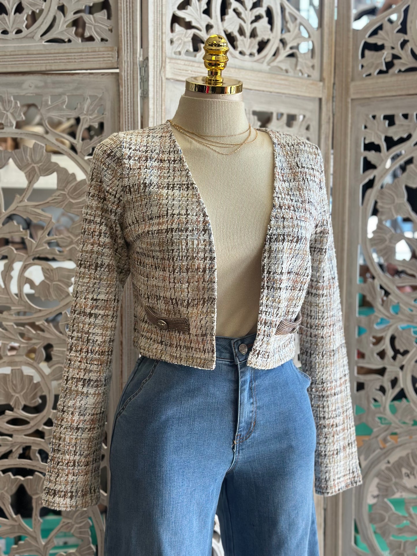 Houndstooth Beige Pattern Blazer- Estira, Stretchy