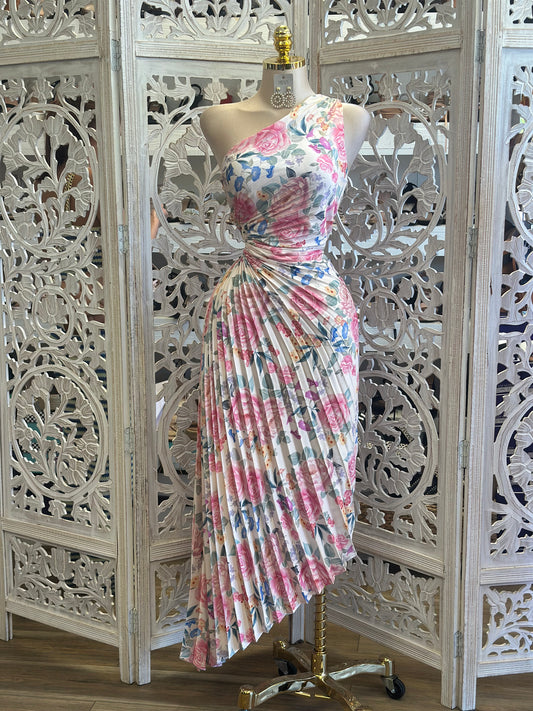 Pleated Pastel Floral Dress-No Estira, Not Stretchy