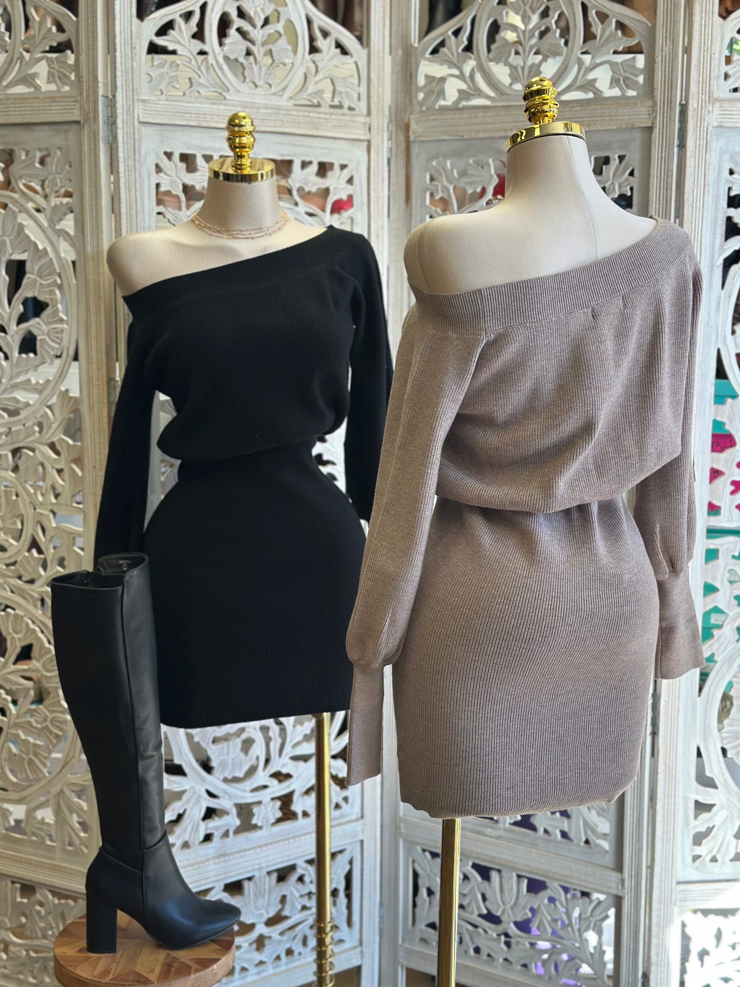 Off Shoulder Mini Sweater Dress- Stretchy,Estira