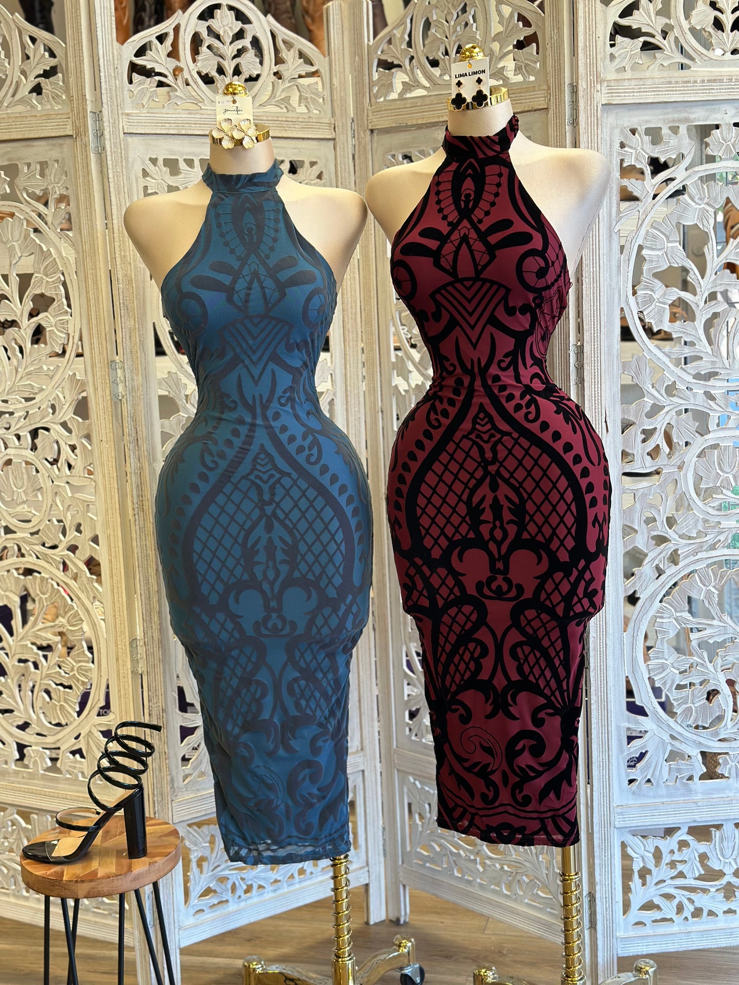 Halter Neck Velvet Pattern Dress- Estira, Stretchy