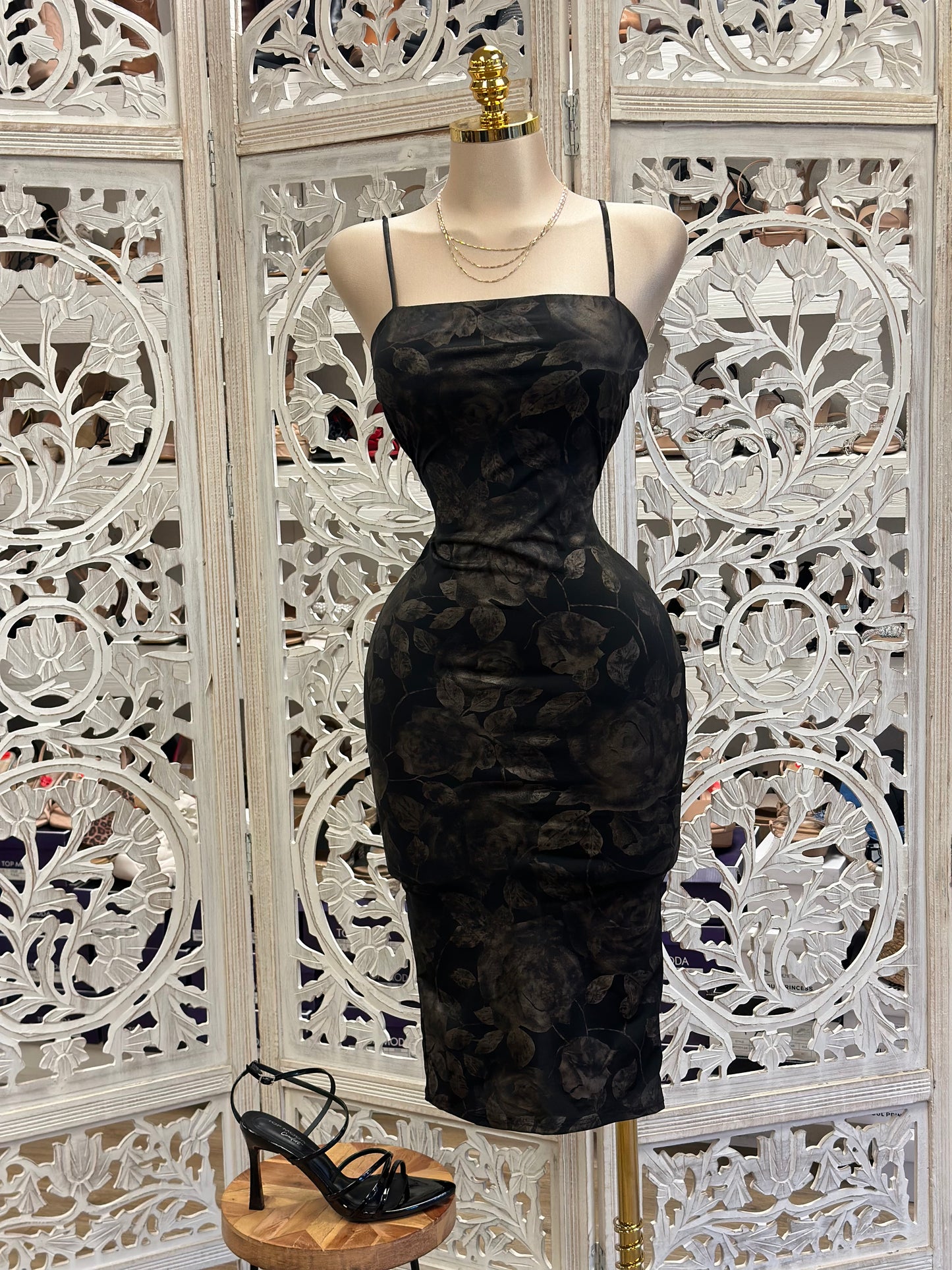 Dark Leaf Patter Cami Midi Dress- Stretchy, Estira