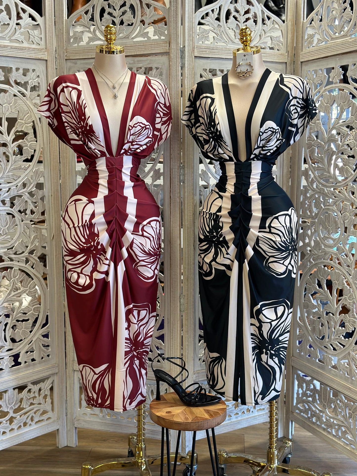 Deep V Patterned Ruched Dress - Estira, Stretchy
