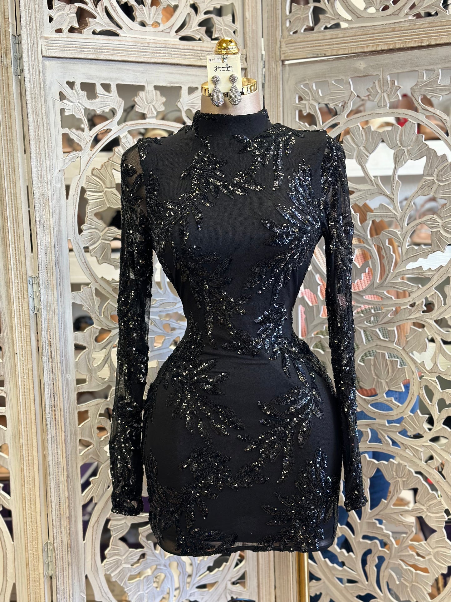Sequin Black Mesh Mini Dress- Stretchy, Estira