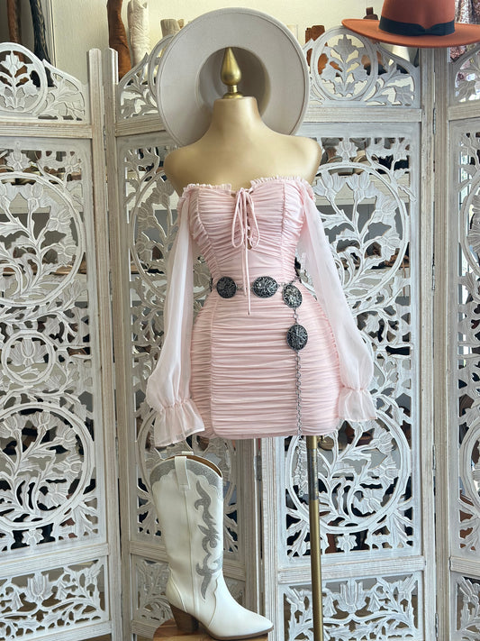 Light Pink Ruched Mini Dress- Stretchy