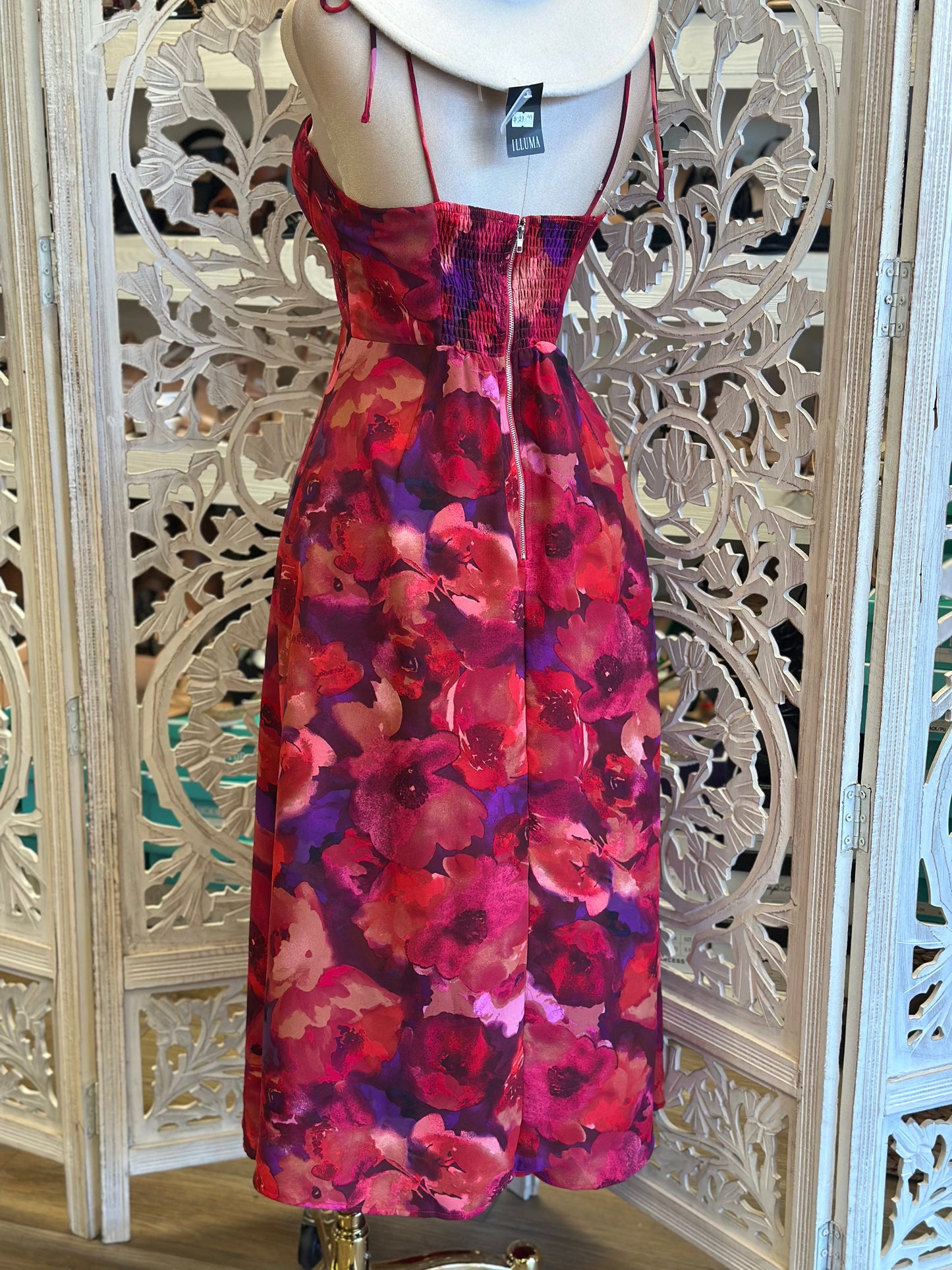 Floral Deep Color Midi Dress-No Estira, Not Stretchy