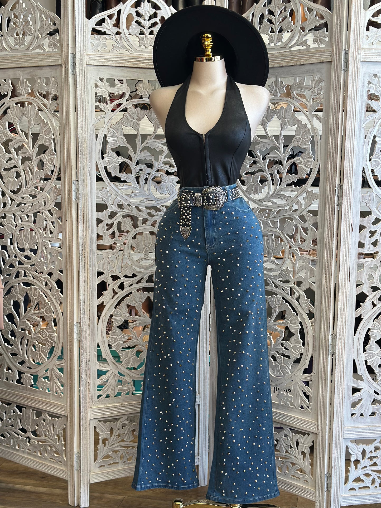 Rhinestone Dark Denim Wide Jeans - Stretchy, Estira