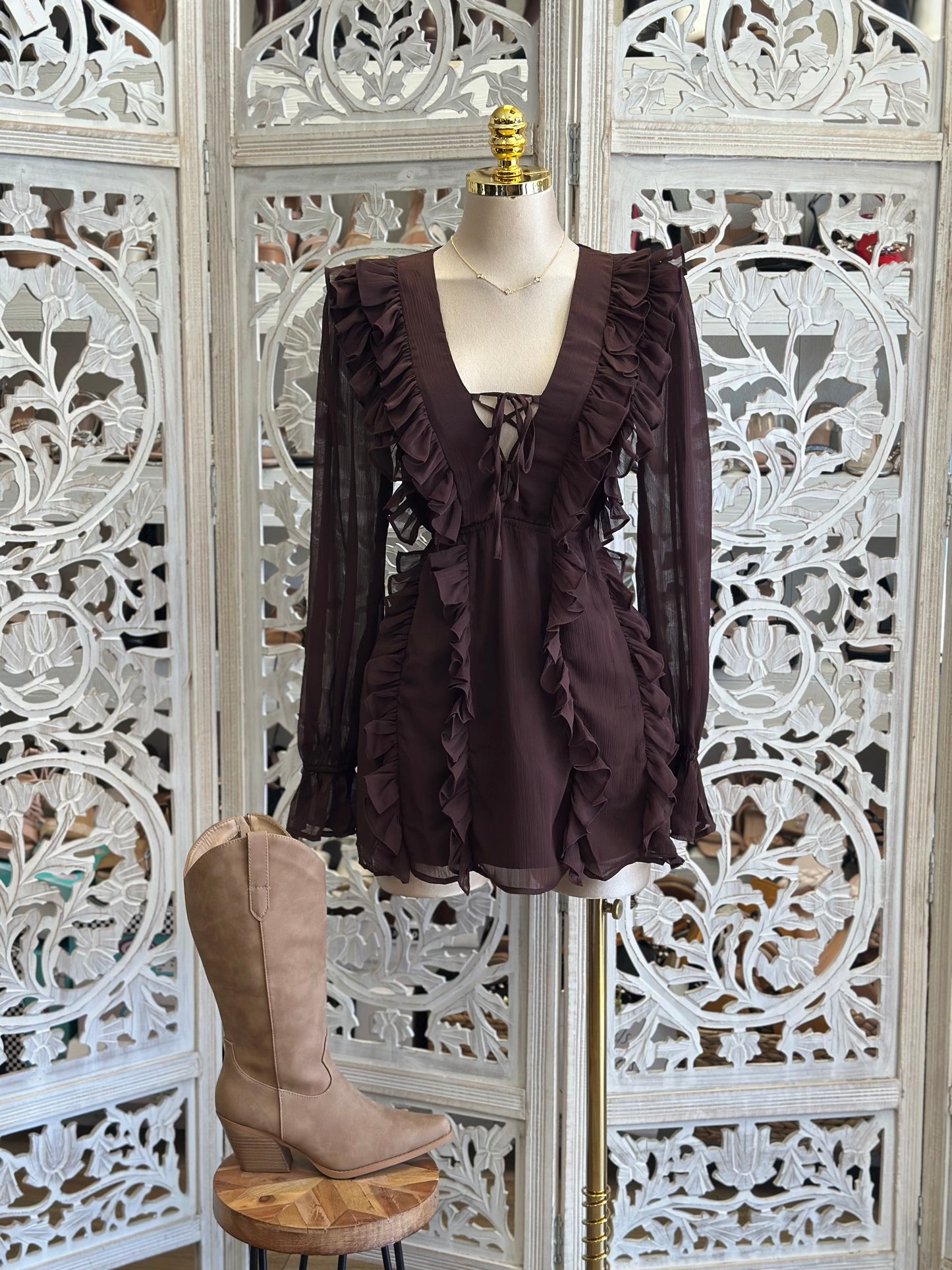 Autumn Ruffle Tie Up Mini Dress- Stretchy,Estira