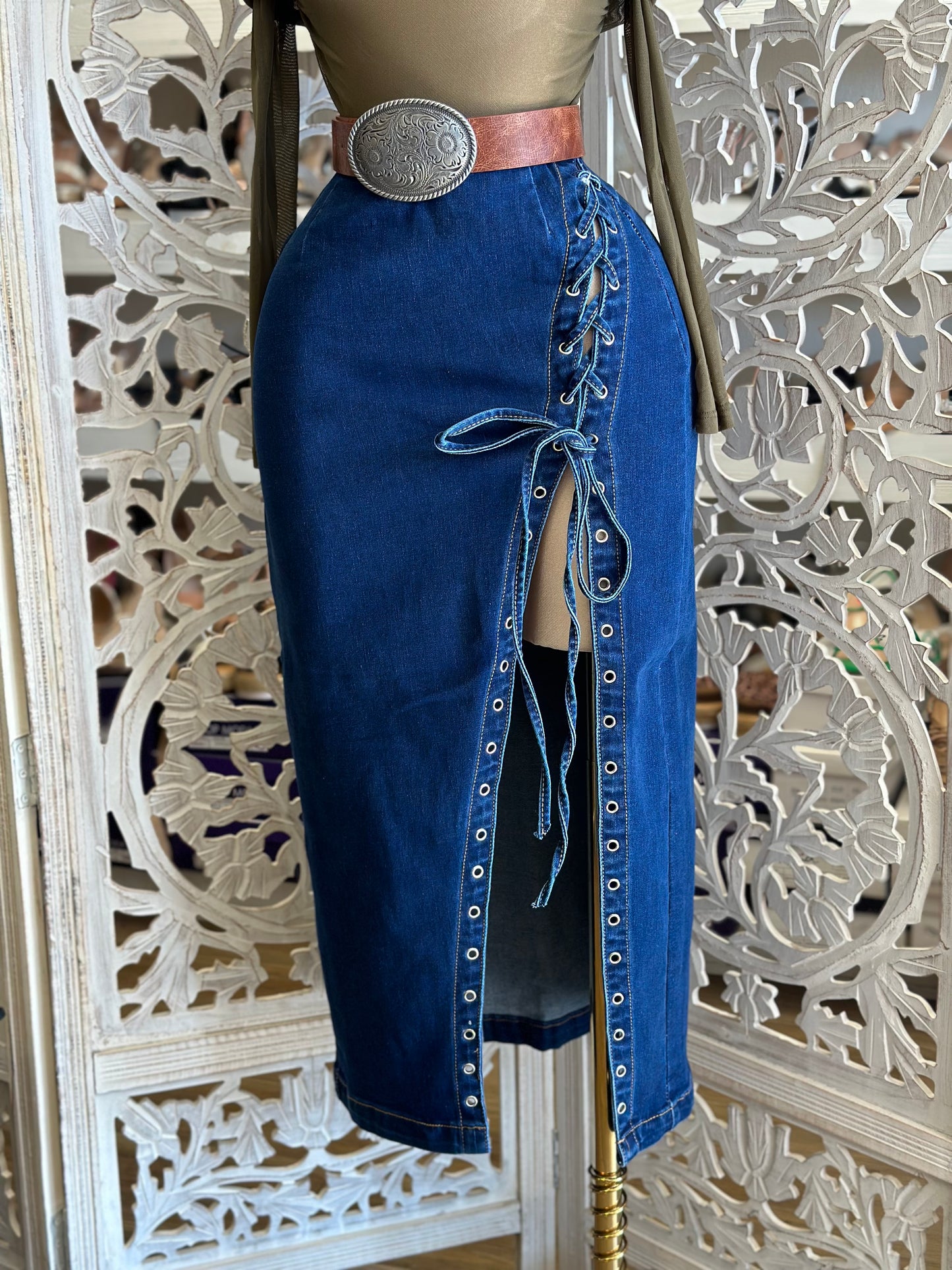 High Slit Tie Up Denim Skirt- Estira, Stretchy