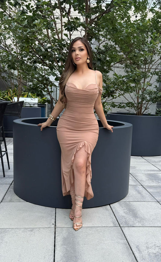 Beige Off Shoulder Draped Ruffle Midi Dress-Estira, Stretchy