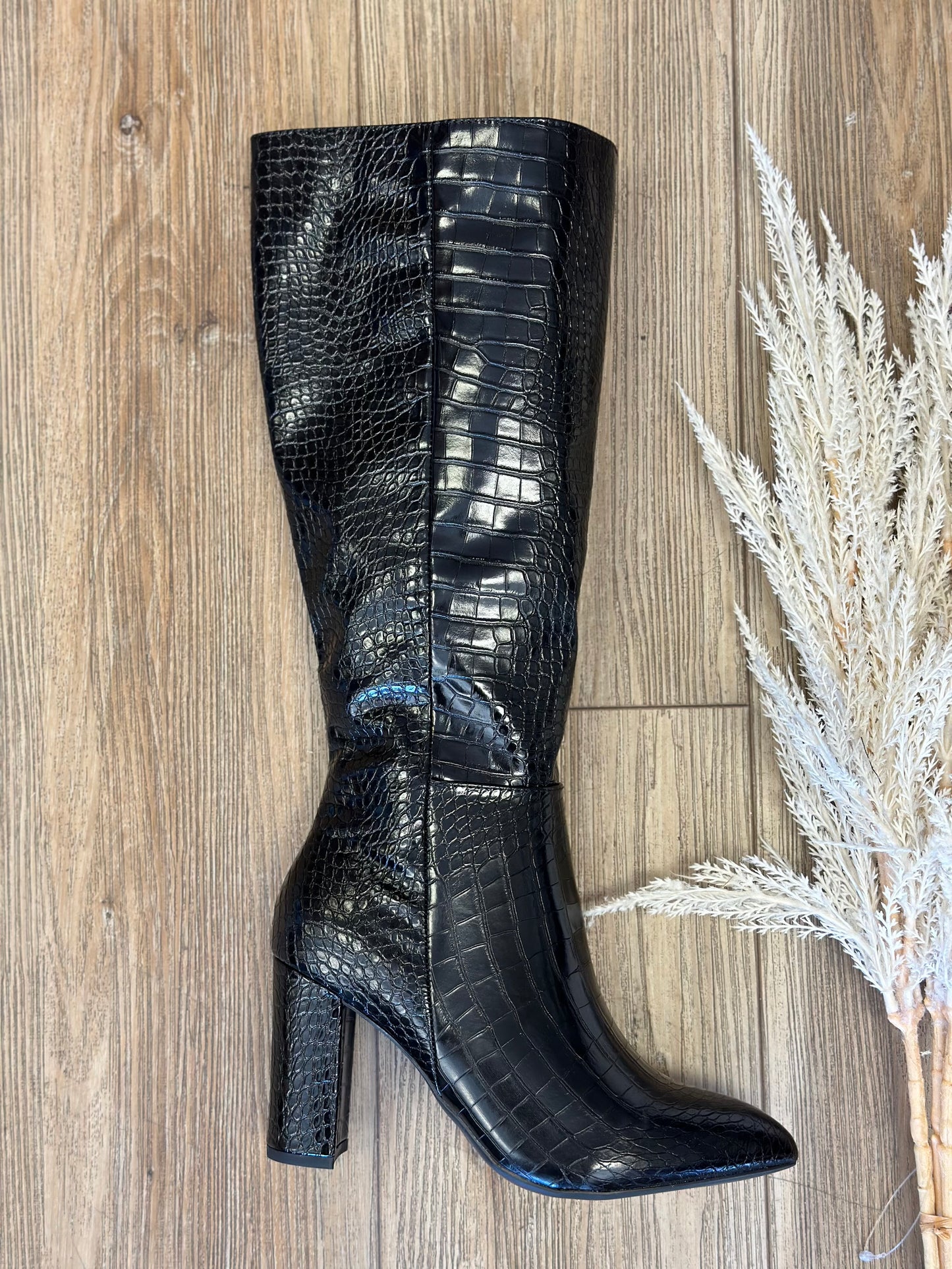 Black Faux Leather Mid Length Crocodile Pattern Boots