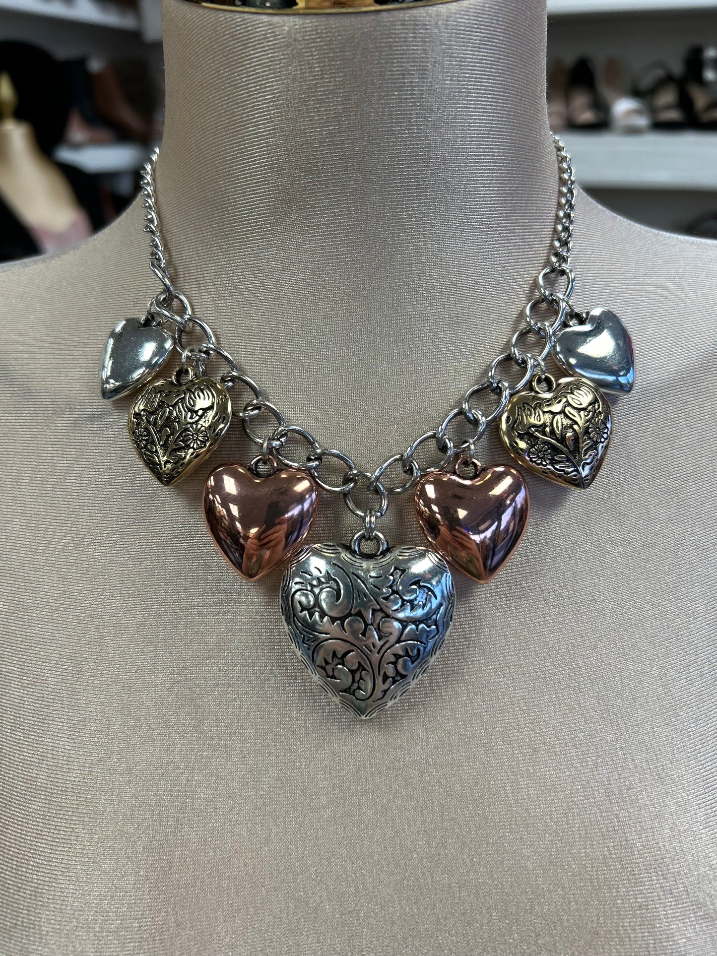 Silver and Rose Gold Heart Thick Necklace
