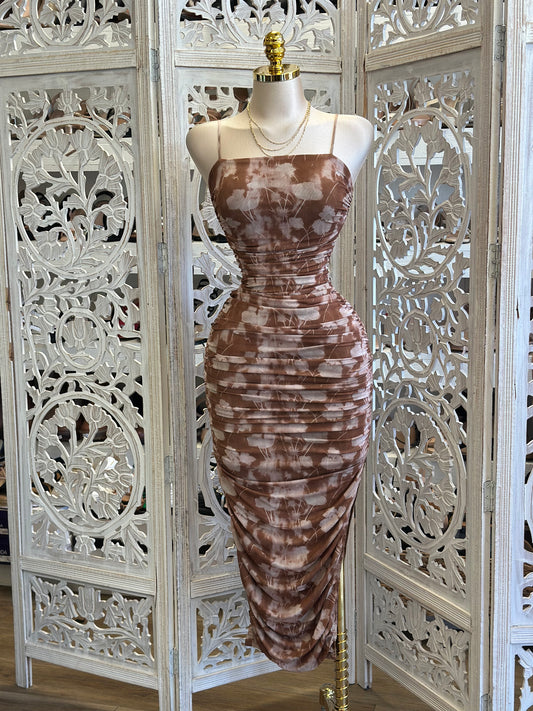 Brown Floral Ruched Dress - Estira, Stretchy