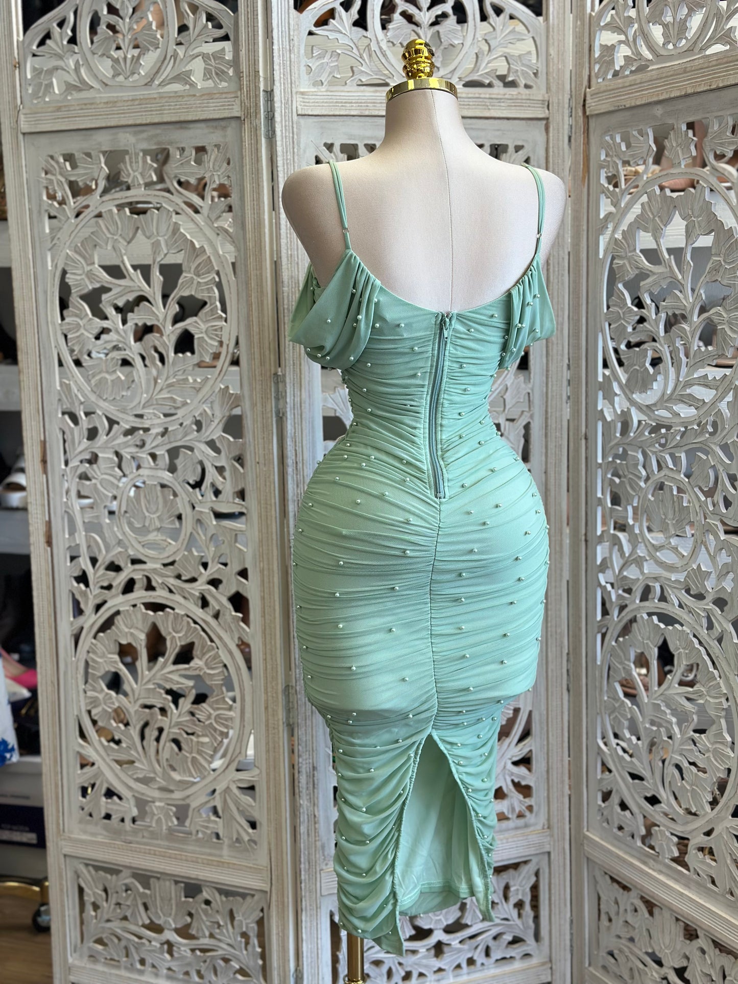 Green Heartline Pearl Embellished Ruched Dress- Stretchy,Estira