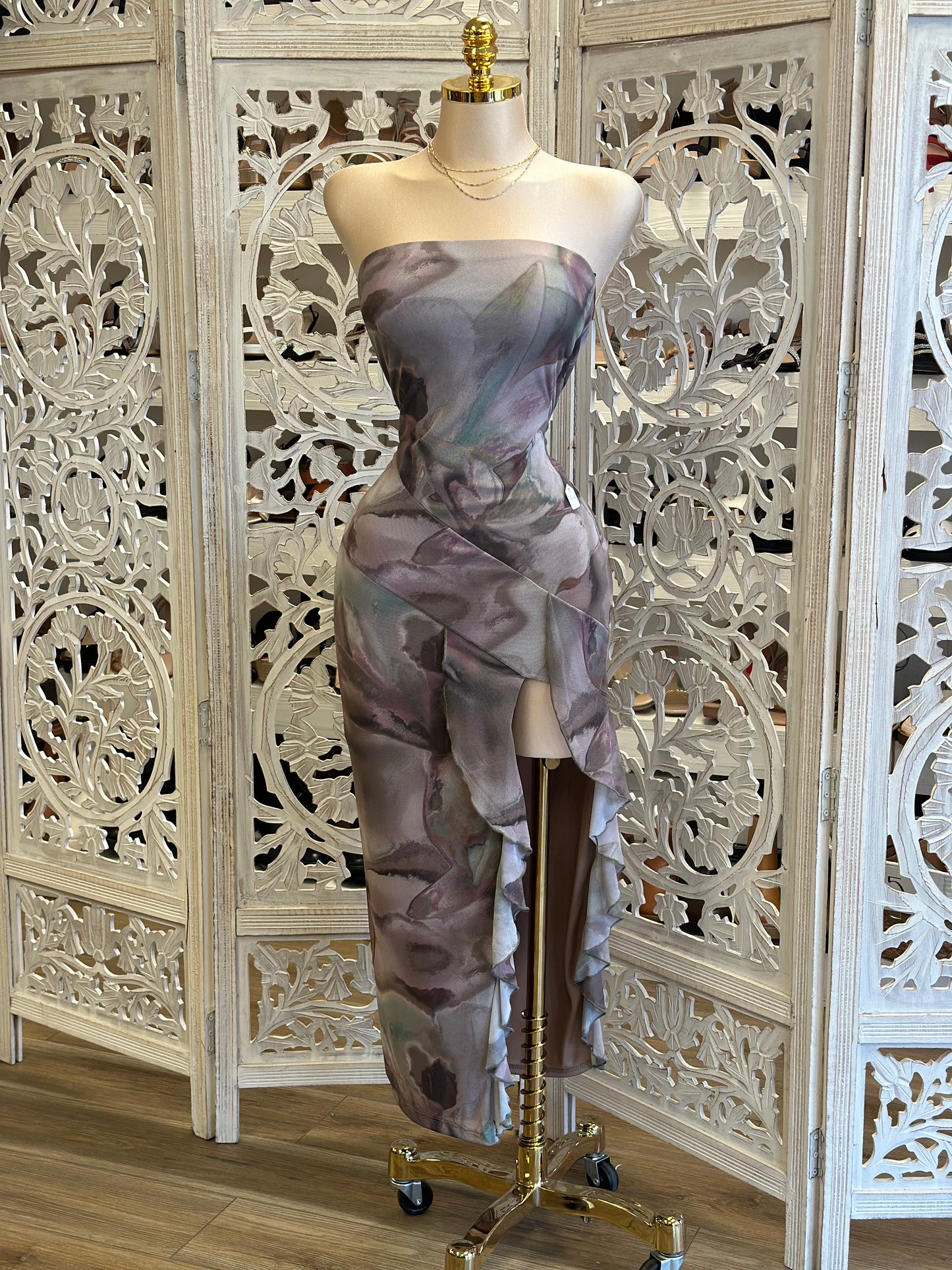 Tie Dye Ruffle Slit Strapless Dress - Estira, Stretchy