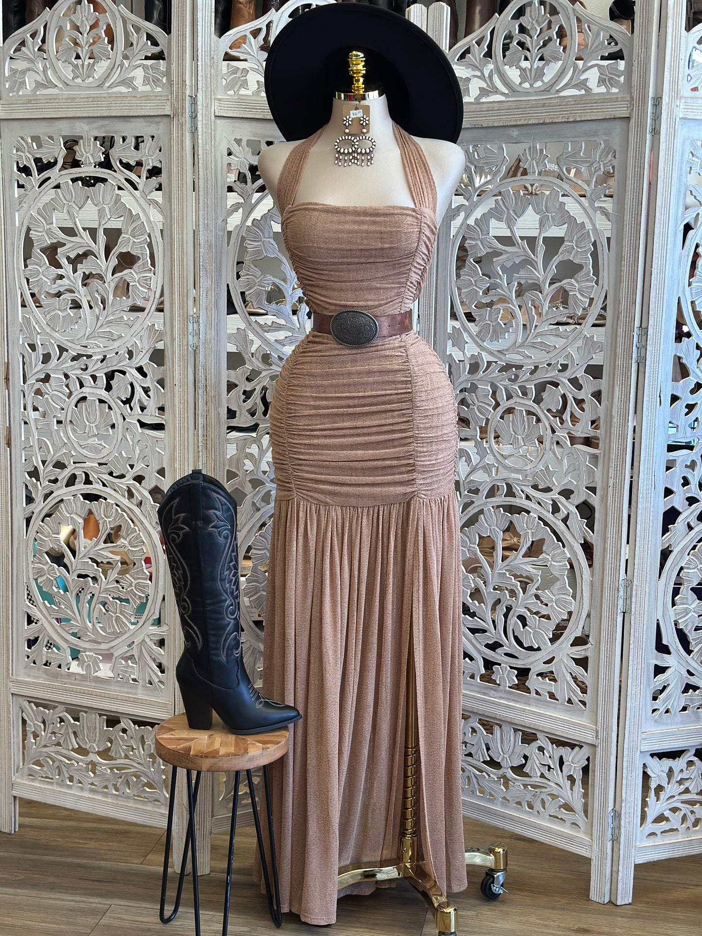 Ruched Tie Back Maxi Dress - Estira, Stretchy